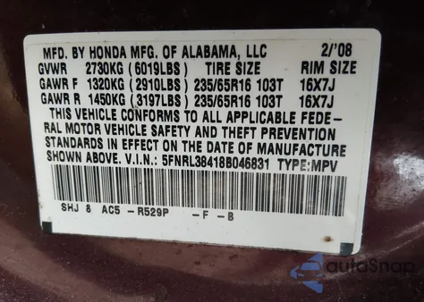 2008 Honda Odyssey Ex из США, поврежденный, VIN 5FNRL38418B046831